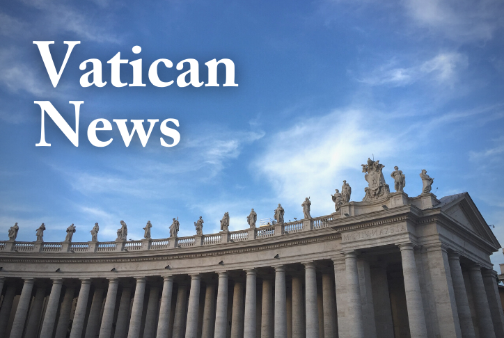 St. Peter's Columns with sky behind and "Vatican News" in writing